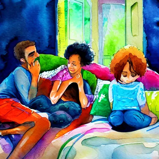 Prompt: A mother, a father, a teenage brother, a toddler sister all cuddling on a bed surrounded by pillows, swirling vivid colors, watercolor impressionism