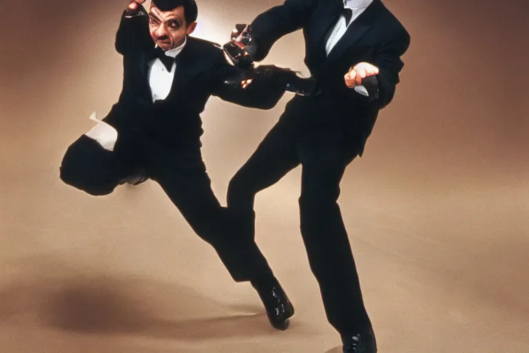 Image similar to mr bean from 1 9 9 0 s as james bond in an action scene fighting a villain, professional photography, 8 k, cinematic