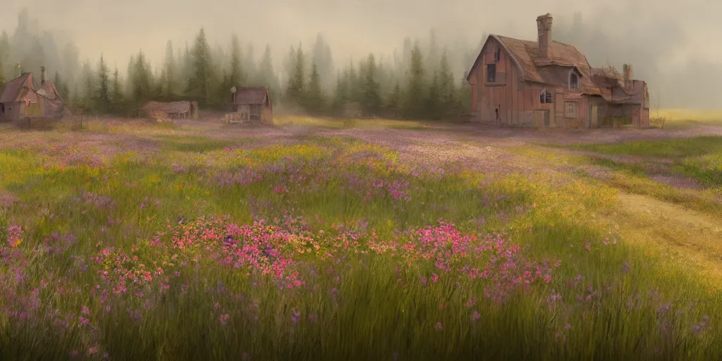 Prompt: a matte painting of a canadian prairie, cottages, foggy, patchy flowers, oil painting, pale colors, high detail, 8 k, wide angle, trending on artstation,