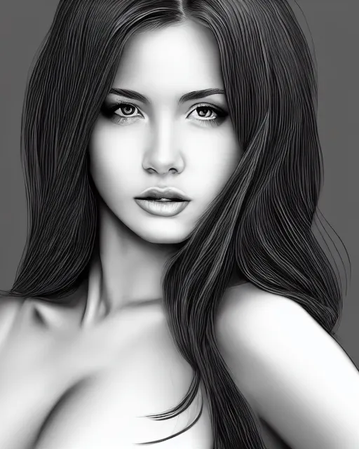 Image similar to full body portrait of a beautiful young woman in black and white, photorealistic, hair down to waist, sharp focus, in the style of Kevin Kostic, Stephen Lau and artgerm, hyper sharp focus, 8k highly detailed