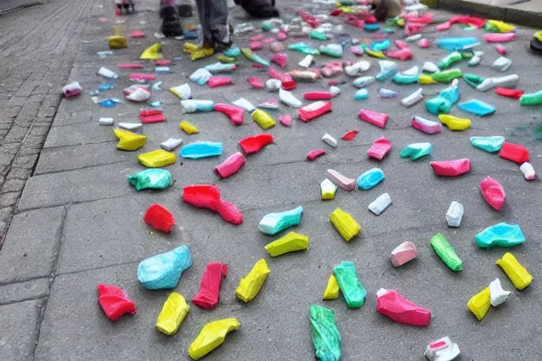 Prompt: artist makes incredible painting on top of littered chewing gum