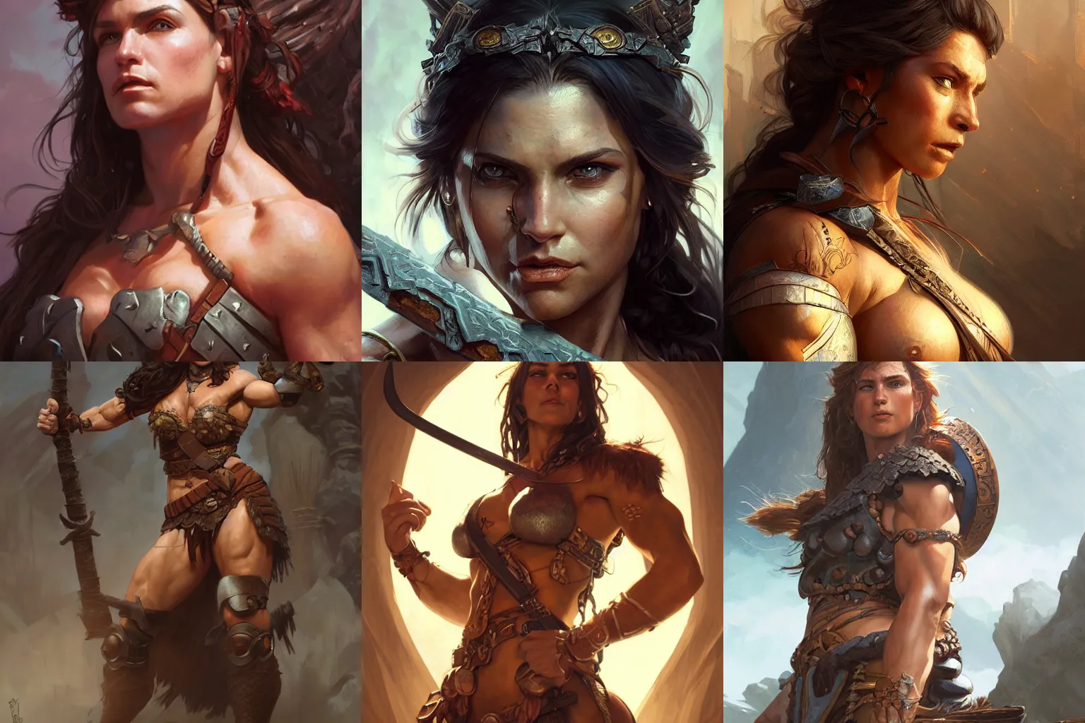 Image similar to portrait of a barbarian woman, muscular, upper body, D&D, fantasy, intricate, cinematic lighting, highly detailed, digital painting, artstation, concept art, smooth, sharp focus, illustration, art by Artgerm and Greg Rutkowski and Alphonse Mucha