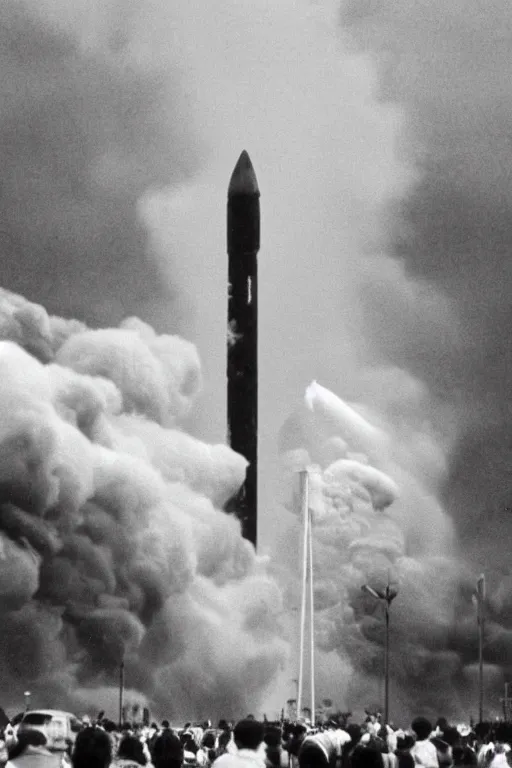 Image similar to photograph of a 1 9 9 0 s era rocket launching and leaving huge plumes of smoke, large crowds of people watching in astonishment, cinematic, night, rain