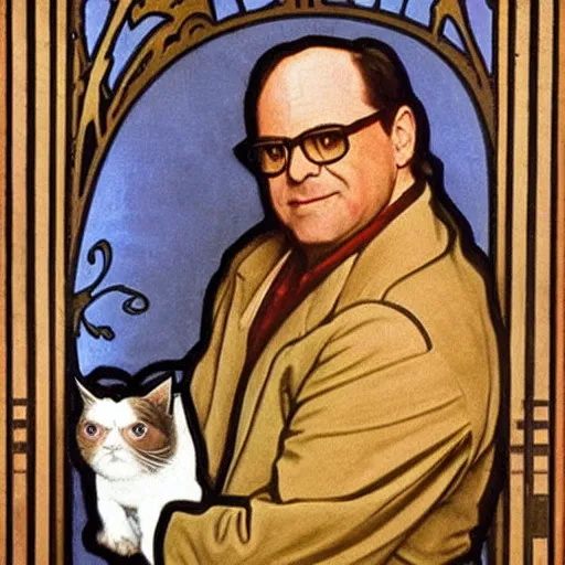 Image similar to “ portrait of george costanza from seinfeld holding grumpy cat, art nouveau, summer of george, by alphonse mucha ”