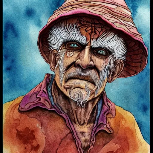 Prompt: very very very old shaman burns from the inside out, old gray haired mexican mage fire from inside, close his eyes with no pain, watercolor ink painting, in the style of jean giraud, in the style of moebius trending on artstation deviantart pinterest detailed realistic hd 8 k high resolution