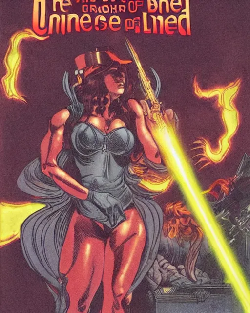 Image similar to the queen of the underworld shooting lasers at the sinners. bande dessinee cover art.