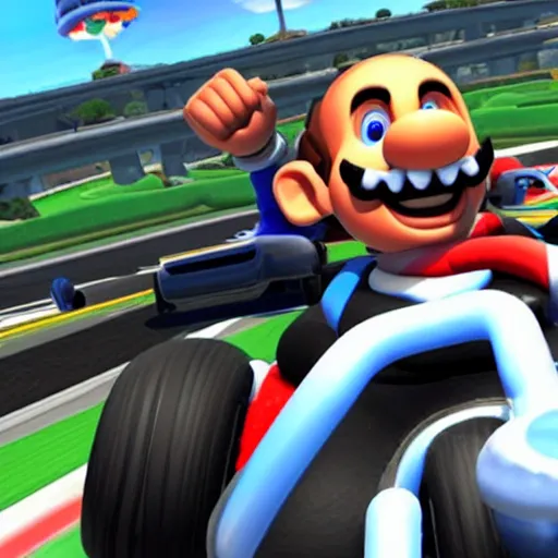 Prompt: obama racing in mario kart 8