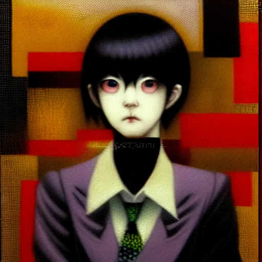 Image similar to yoshitaka amano blurred and dreamy realistic three quarter angle portrait of a young woman with short hair and black eyes wearing office suit with tie, junji ito abstract patterns in the background, satoshi kon anime, noisy film grain effect, highly detailed, renaissance oil painting, weird portrait angle, blurred lost edges