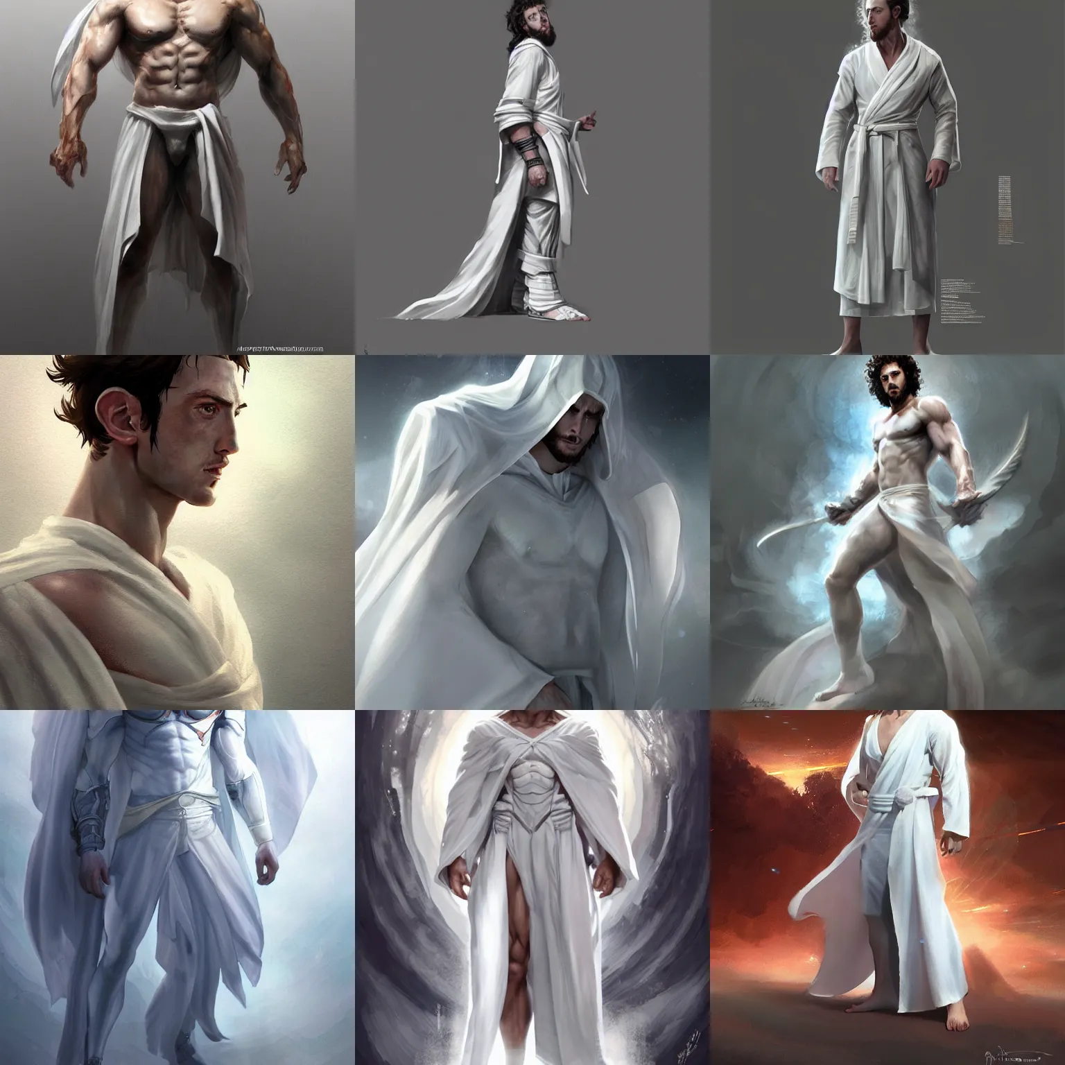 Prompt: distant full body view, aaron taylor johnson as a titan in white robes, digital painting, concept art, smooth, sharp focus, illustration by artgerm, yoshitaka amano, krenz cushart, shinji aramaki