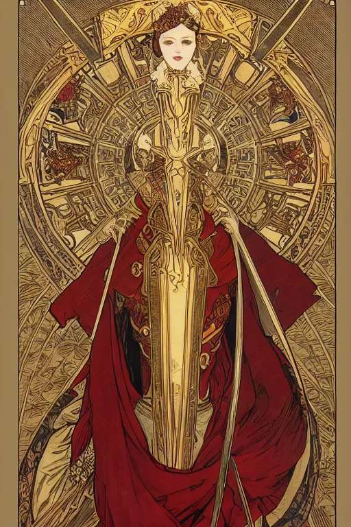 Prompt: tarot card, the emperor, armored woman, beautiful, medieval, super detailed, ornate, by alphonse mucha, artstation, greg rutkowski, symmetry, red, gold, white, black, 8 k