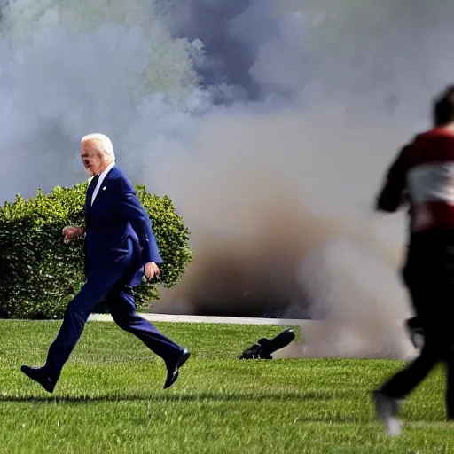 Prompt: detailed Joe Biden running away from a missile strike in the front yard of the White House, big explosion behind him, people running behind him out of focus, chaotic scene