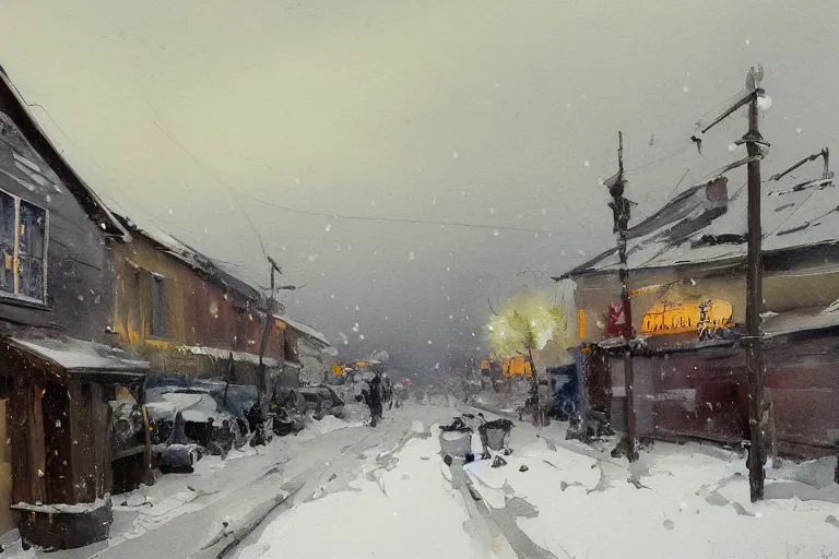 Prompt: small painted on white watercolor paper, paint brush strokes, abstract watercolor painting of western town, snowy weather, winter, american frontier, midday sharp light, dust, cinematic light, american romanticism by hans dahl, by jesper ejsing, by anders zorn, by greg rutkowski, by greg manchess, by tyler edlin