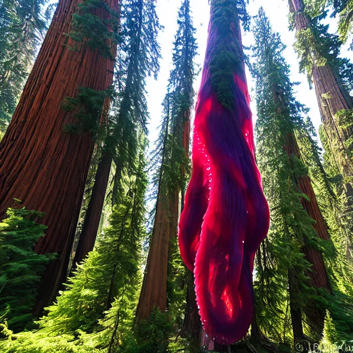 Prompt: giant jellyfish swarming among the giant sequoia trees at 2875 adanac.st vanvcouver,british columbia,canada