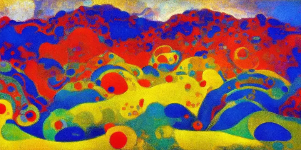 Image similar to An insane, modernist landscape painting. Wild energy patterns rippling in all directions. Curves, organic, zig-zags. Mountains, clouds. Rushing water. Waves. Psychedelic dream world. Odilon Redon. Peter Max.