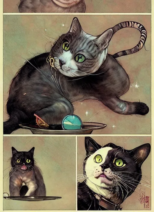 Prompt: a hyper realistic ink cat in a spaaceship 6 panel comic by chiara bautista and norman rockwell and greg rutkowski weta studio, and lucasfilm