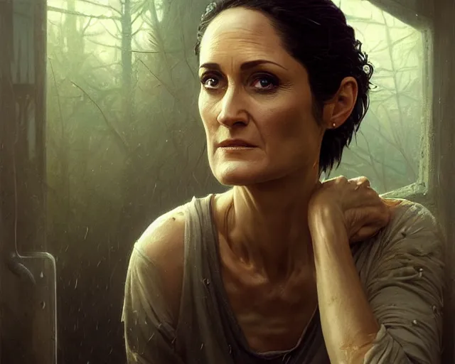 Image similar to highly detailed portrait of carrie - ann moss in the walking dead, stephen bliss, unreal engine, fantasy art by greg rutkowski, loish, rhads, ferdinand knab, makoto shinkai and lois van baarle, ilya kuvshinov, rossdraws, tom bagshaw, global illumination, radiant light, detailed and intricate environment