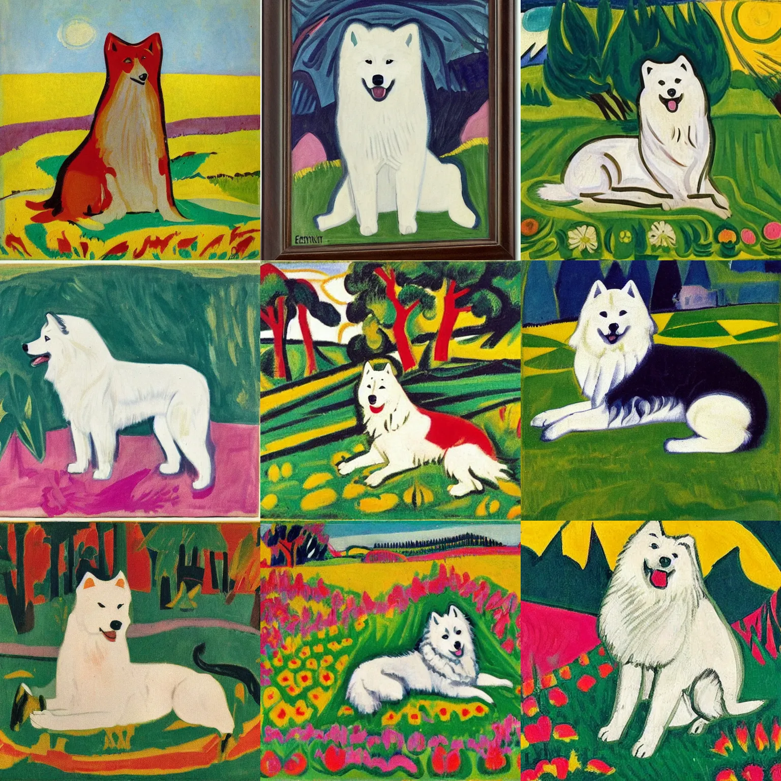 Prompt: a samoyed dog sitting in the middle of sunny meadow, by ernst ludwig kirchner