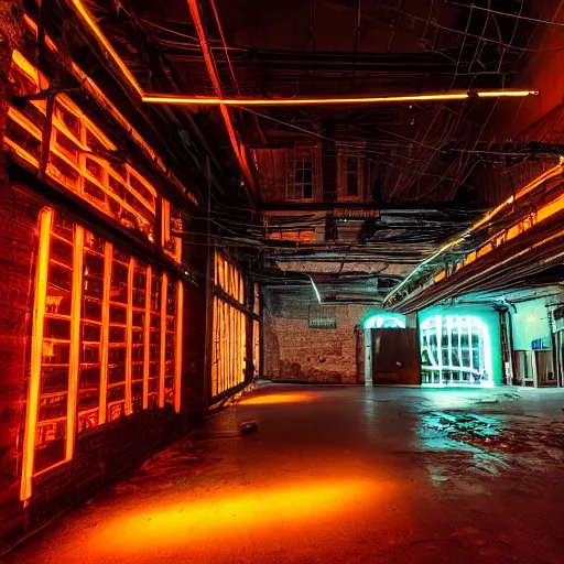 Prompt: a dramatic neon lit old warehouse space, pierced by shafts of light from big smashed windows above, rough wooden floors and memories of musical moments