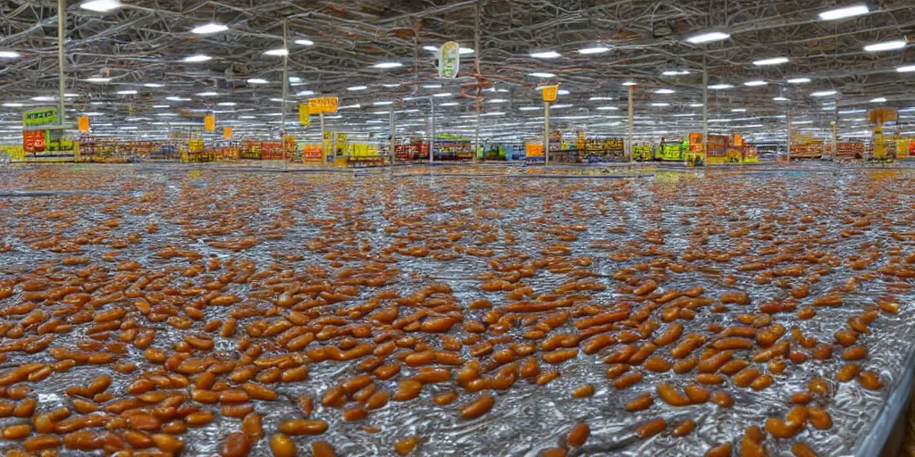 Image similar to the inside of a walmart submerged in baked beans