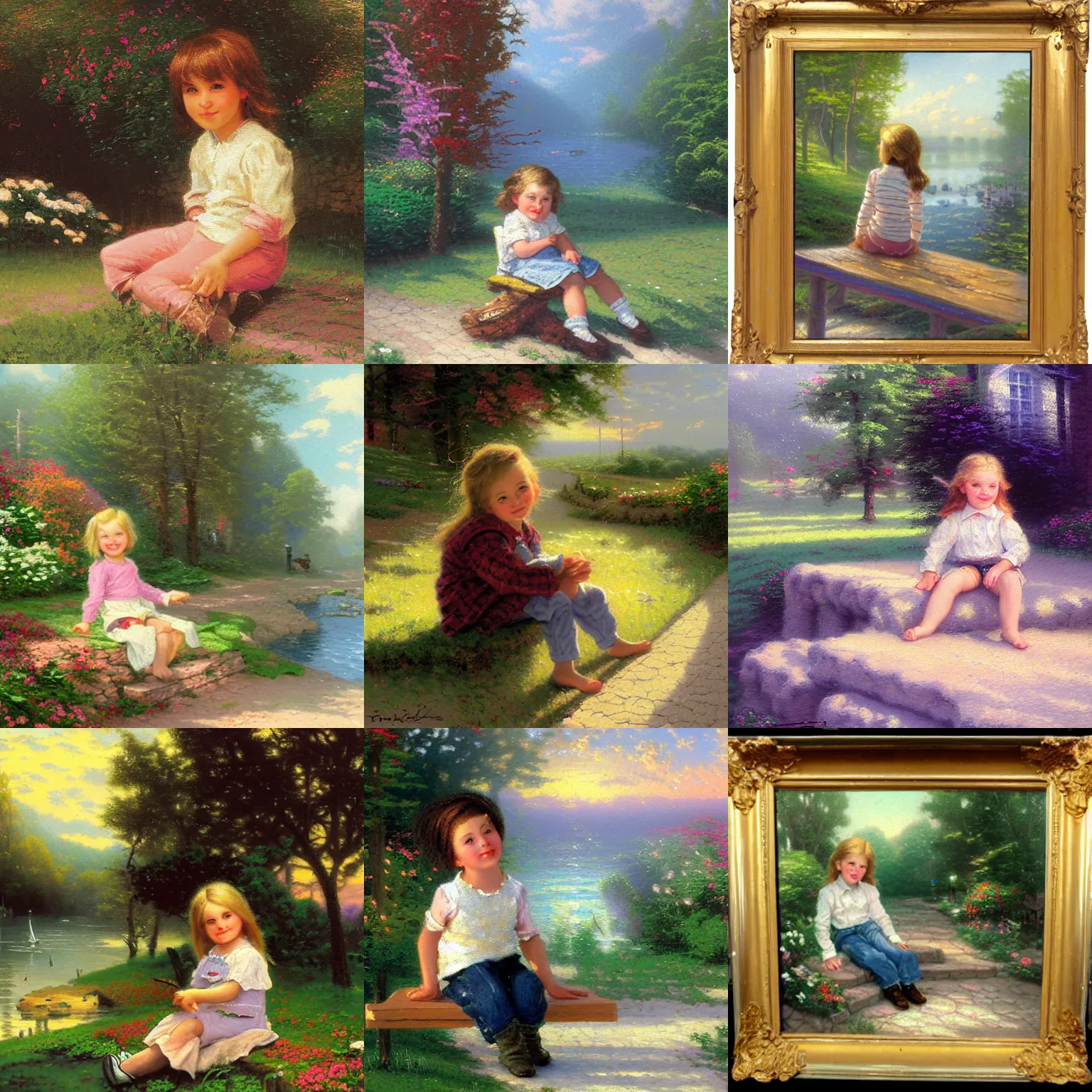 Prompt: painting of a child sitting on a peer by thomas kinkade