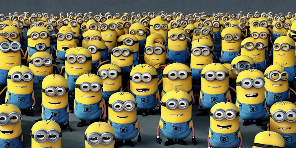 Prompt: an army of minions from despicable me with their head replaced with walter white