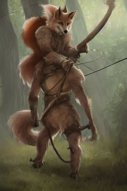 Prompt: a medieval anthropomorphic werefox archer with a fluffy tail in the forest as a dnd character, trending on artstation, cgsociety