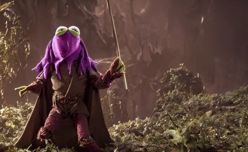 Image similar to kermit as a dark mage, a still from the dark crystal, high quality, very detailed, cinematic,