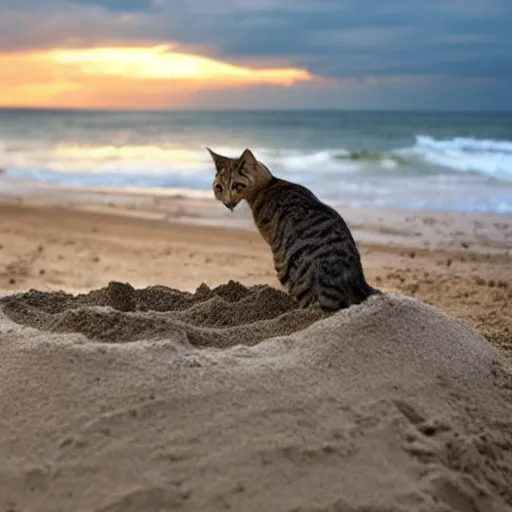 Image similar to a tabby cat building a sandcastle on the beach