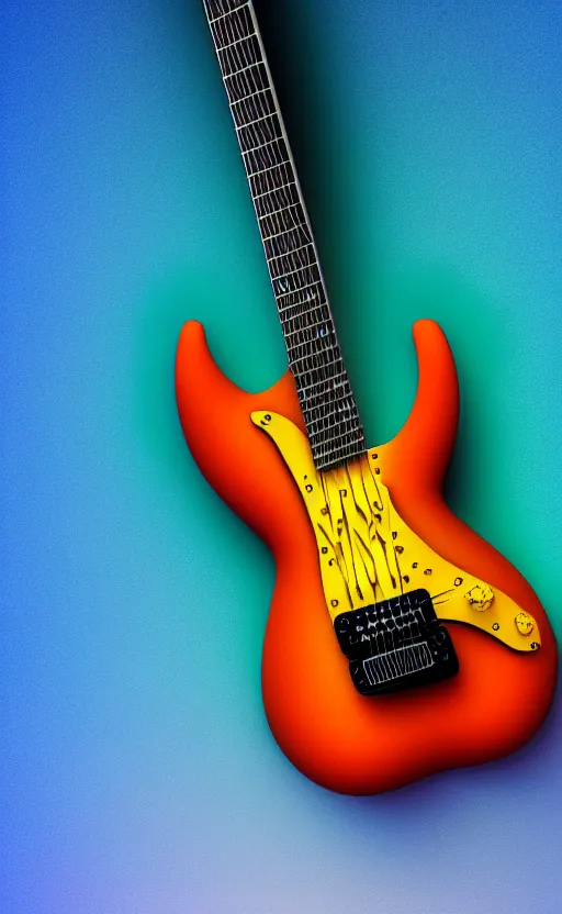 Image similar to award winning photograph of an electric guitar shaped as a bird of paradise, teal colors, 3 d hyperrealistic 8 k image style, detailed render, stunning studio photograph with dramatic lighting, depth of field