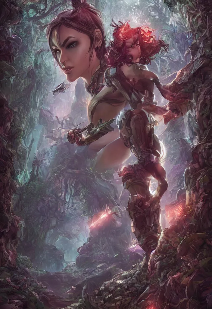 Image similar to comic book cover, fantasy crystal forest ,highly detailed, professional digital painting, Unreal Engine 5, illustration, HD quality, 8k resolution, cinema 4d, cinematic, professional photography, art by artgerm