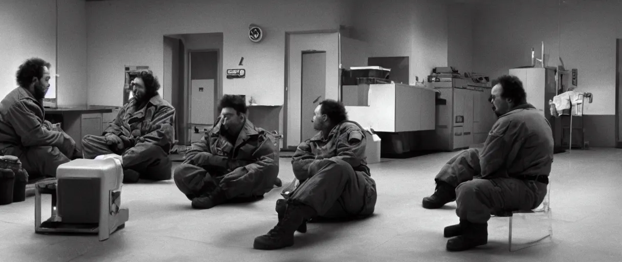 Image similar to filmic wide shot movie still 4 k uhd interior 3 5 mm film color photograph of two armed guards sitting down and talking in a break room in a military base, in the style of the horror film the thing 1 9 8 2