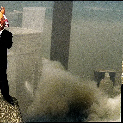 Image similar to color crt surveillence footage hyper detailed focused closeup fish eye lens photograph of Rudy Giuliani laughing hysterically tap dancing on top of the world trade center rubble pile smoking in ny on 9/11/01 september 11th