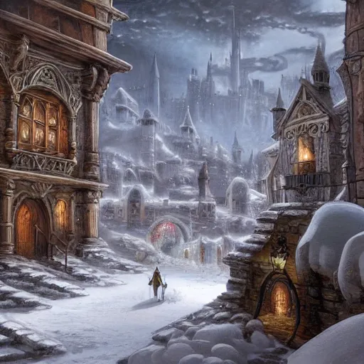 Image similar to fantasy concept art, high detail, 8k, snow covered walled medieval city, labyrinth in the background