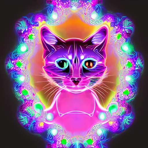 Image similar to concept character colorful fractal cute cat glowing luminescent detailed filigree on black background detailed