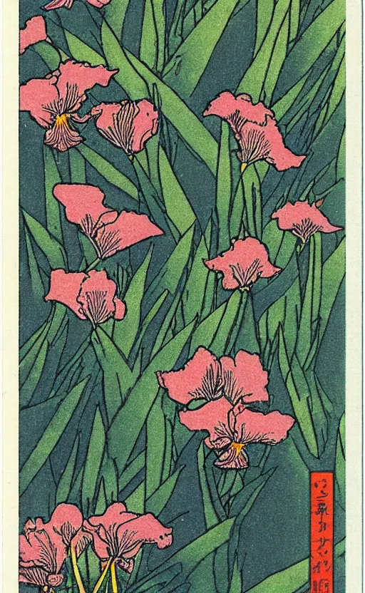 Prompt: by akio watanabe, manga art, iris flowers surface lake, trading card front