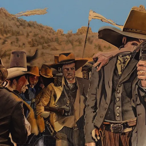 Image similar to detailed details photorealistic historical image of a wild west shootout in the town of tombstone in the style of bob peak and alex ross and moebius and jean giraud and artgerm, gouache and wash paints color and banksy, detailed details facial and body and human and environments and proportionate, detailed 5 k details.