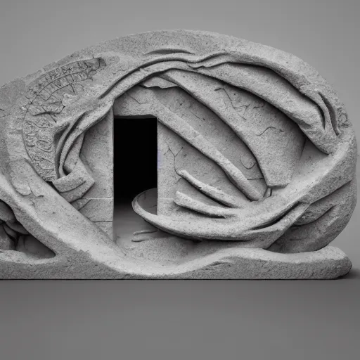 Prompt: a sculpture carved out of stone in the very elaborate shape of smoke, in a brutalist gallery space of concrete, global illumination, octane render, extreme detail, 8 k