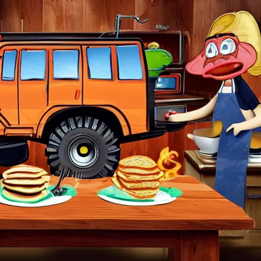 Prompt: a monster truck in a quaint kitchen cooking pancakes and bacon for their grandchildren, who are sitting at a nearby table