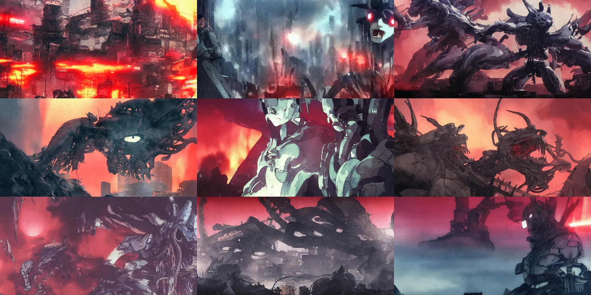 Prompt: incredible wide screenshot, simple watercolor, masamune shirow ghost in the shell movie scene close up broken Kusanagi tank battle in shinjuku, snake skeleton, hydra, giant face made of stone, hell portal open, ghost, teeth,black smoke, red sky, sunset, bright flash, texture, strange, impossible, fur, spines, mouth, laser, brain, shell, fight, potato skin, brown mud, dust, titanic tank with legs, robot arm, ripped to shreds, wide eyes shocked expression, overhead wires, telephone pole, sparks, lightning, electricity, light rain, shinjuku, cherry blossom, hd, 4k, remaster, dynamic camera angle, deep 3 point perspective, fish eye, dynamic scene