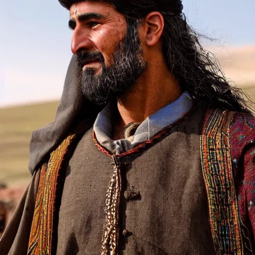 Image similar to Close up of a Kurdish shepherd wearing traditional Kurdish clothes in a movie directed by Christopher Nolan, movie still frame, promotional image, imax 70 mm footage