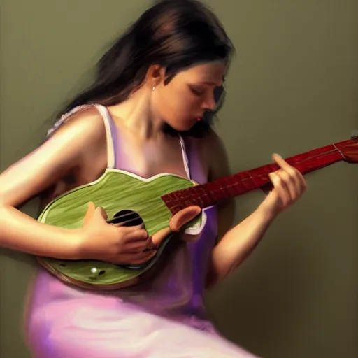 Prompt: women playing guitar, televisions, artstation, photoreal cinema still, pastel in the style of bruce weber