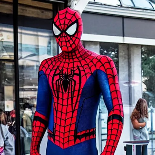 Prompt: spiderman standing in line at starbucks, photorealistic