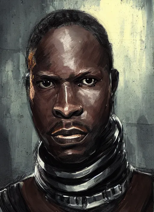 Image similar to portrait of african man warrior, techwear, cyberpunk, by rafael albuquerque