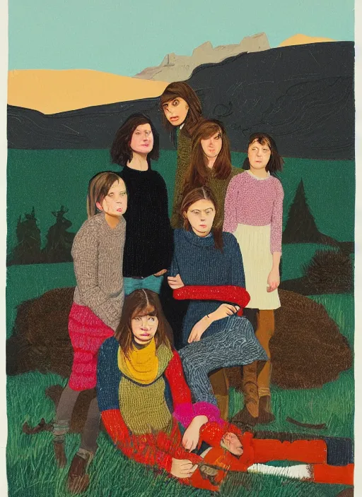 Prompt: composition by justine kurland, a portrait of a group of girls dressed in colorful sweaters in a scenic representation of mother nature and the meaning of life by billy childish, thick visible brush strokes, shadowy landscape painting in the background by beal gifford, vintage postcard illustration, minimalist cover art by mitchell hooks