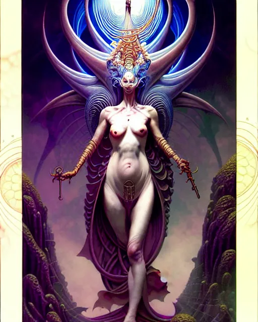 Prompt: the high priestess tarot card, fantasy character portrait made of fractals, ultra realistic, wide angle, intricate details, the fifth element artifacts, highly detailed by peter mohrbacher, hajime sorayama, wayne barlowe, boris vallejo, aaron horkey, gaston bussiere, craig mullins