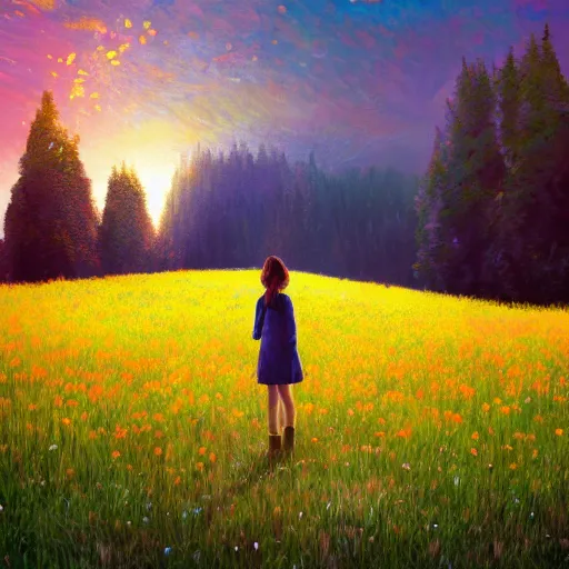 Image similar to girl with dandelion face, surreal photography, dream, standing in flower field, hills, big trees, sunrise dramatic light, impressionist painting, colorful clouds, digital painting, pointillism, artstation, simon stalenhag