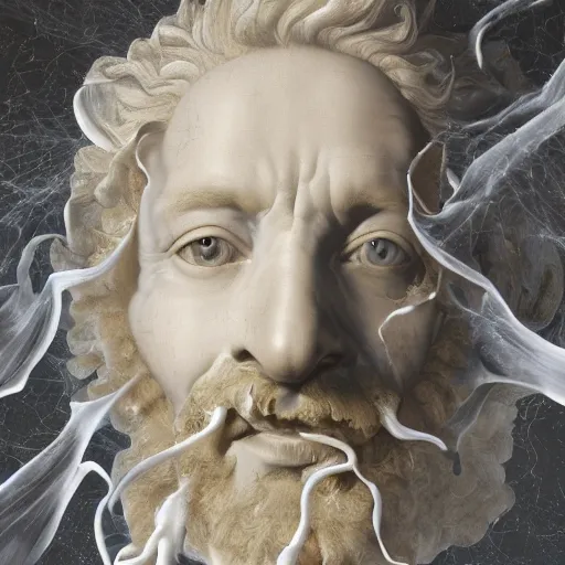 Prompt: realistic digital painting of a stunning intricate cracked white marble falling angel with face of an piero angela smiling bernini sculpture, trailing white vapor, mycelium stands and misty xparticles neutral tone background, trending on artstation, hyperrealism, matte painting, subsurface scattering