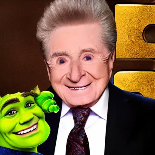 Image similar to regis philbin as shrek smoking meth