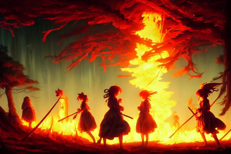 Image similar to baroque oil painting of key visual concept art of anime maids burning down a forest of elves, brutalist, dark fantasy, rule of thirds golden ratio, fake detail, trending pixiv fanbox, acrylic palette knife, style of makoto shinkai studio ghibli genshin impact james gilleard greg rutkowski chiho aoshima