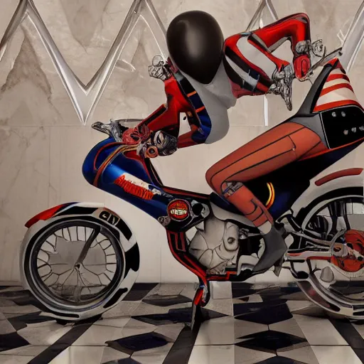 Image similar to a hyper detailed realistic cinematic lit scene in the guggenheim museum of a white armless marble statue of a woman, with a motorcycle in background with motocross colors and corporate logos in the style of virgil abloh, offwhite, louis vuitton, denoise, vogue, brooklyn museum, catalog